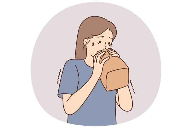 Une fille nerveuse respire dans un sac en papier en essayant de faire face à la panique causée par un trouble psychologique  Illustration