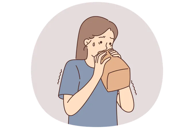 Une fille nerveuse respire dans un sac en papier en essayant de faire face à la panique causée par un trouble psychologique  Illustration