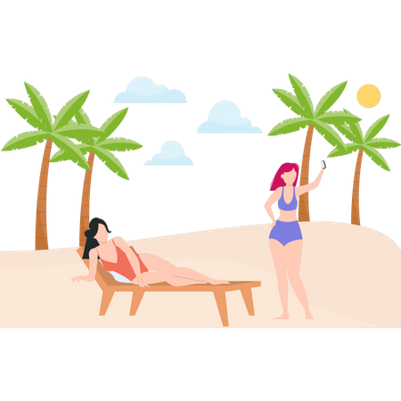 Une fille prenant un selfie et une autre se relaxant sur la plage  Illustration