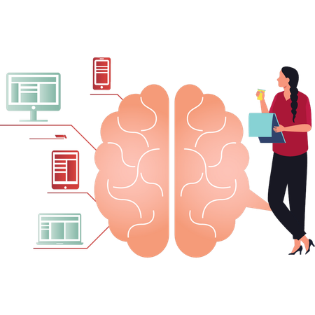 La fille regarde les connexions du cerveau humain  Illustration