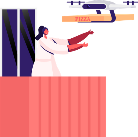 Une fille se fait livrer une pizza par drone  Illustration