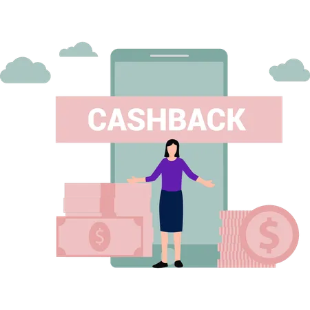 Une fille reçoit une offre de cashback en ligne  Illustration