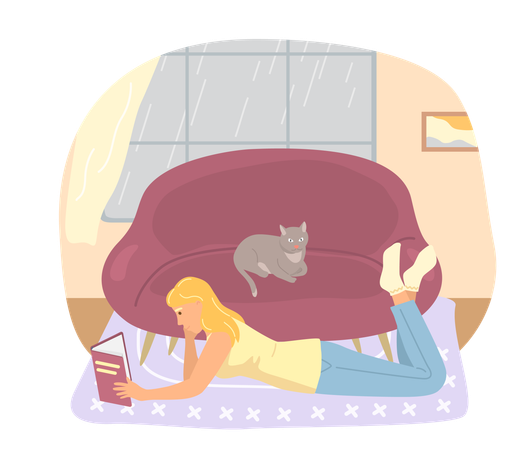 Une fille se repose, s'assoit à la maison et lit des mensonges sur le sol  Illustration