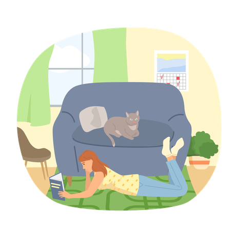 Une fille se repose, s'assoit à la maison et lit des mensonges sur le sol  Illustration