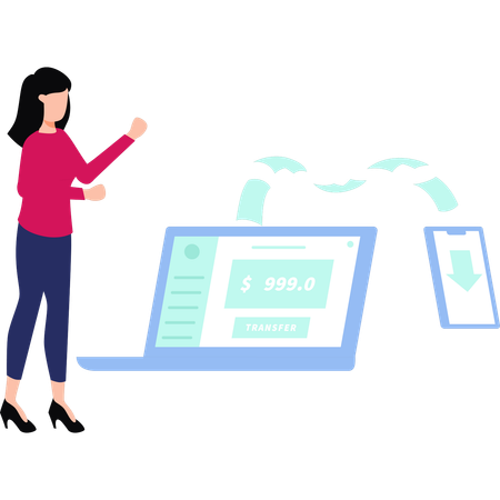 Une fille transfère de l'argent d'un ordinateur portable à un mobile  Illustration