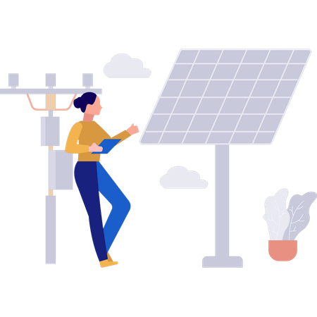 Une fille travaille sur des services de panneaux solaires  Illustration