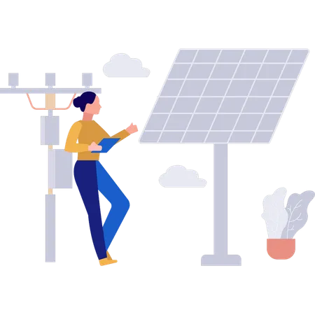 Une fille travaille sur des services de panneaux solaires  Illustration
