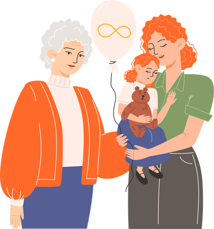 Une grand-mère et une jeune mère tenant une fille dans ses bras et un ballon avec un symbole doré de l'infini pour la Journée de sensibilisation à l'autisme  Illustration