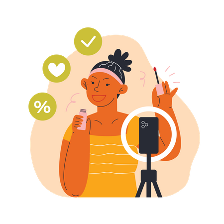 Une influenceuse donnant un avis satisfait lors d'une diffusion en direct  Illustration