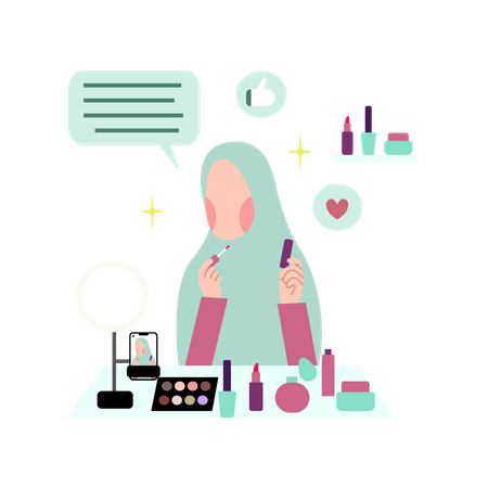 Une influenceuse donnant un avis satisfait lors d'une diffusion en direct  Illustration