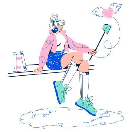 Une influenceuse prenant un selfie pour une publication  Illustration