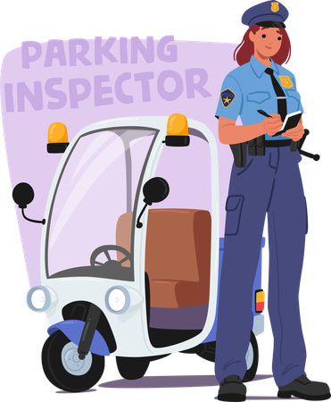 Une inspectrice de stationnement rédige une contravention à côté d'un petit scooter de sécurité  Illustration