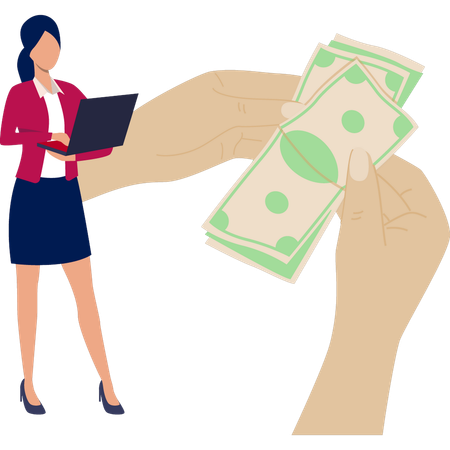 Une jeune femme d'affaires compte de l'argent en ligne  Illustration