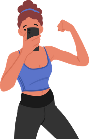 Une jeune femme en forme capture ses triomphes d’entraînement sur son smartphone  Illustration