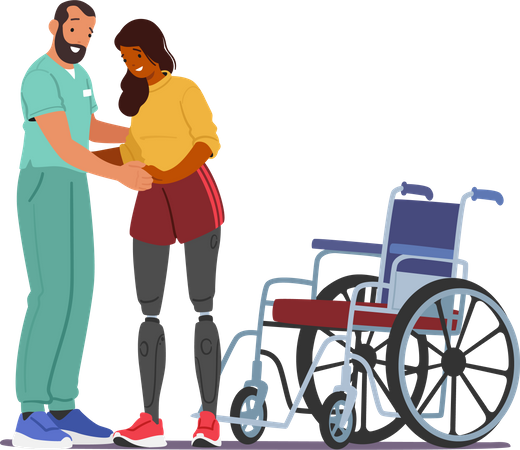 Une jeune femme en rééducation après avoir reçu des prothèses de jambes  Illustration