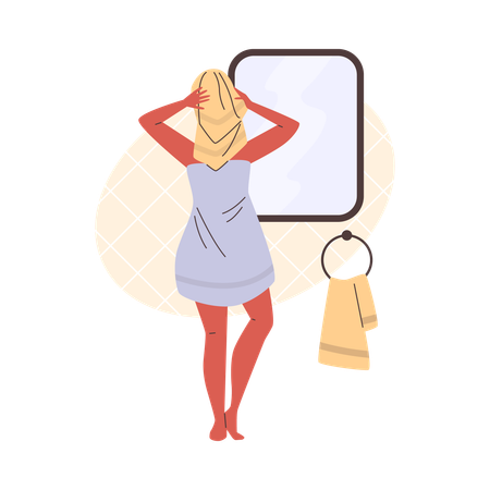 Une jeune femme en serviette se regarde dans le miroir  Illustration