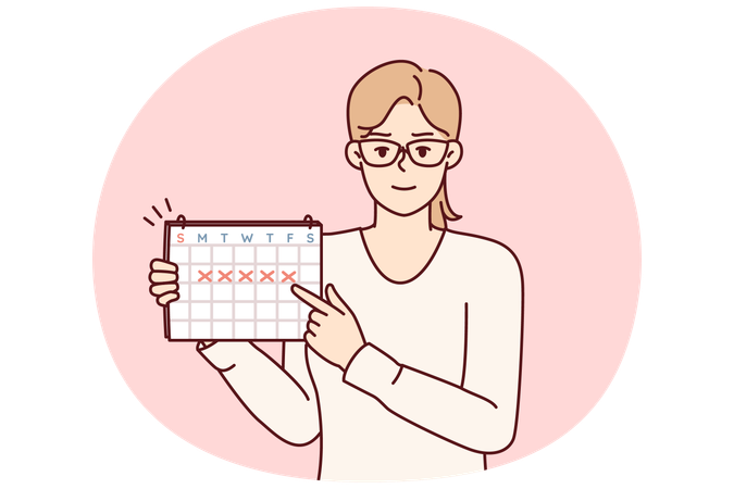 Une jeune femme pointe du doigt un calendrier avec des marques recommandant une gestion du temps  Illustration
