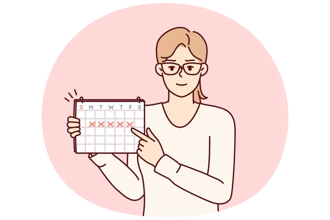 Une jeune femme pointe du doigt un calendrier avec des marques recommandant une gestion du temps  Illustration