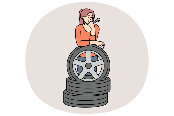 Une mécanicienne automobile se prépare à remplacer les roues d'une voiture lors de l'entretien du véhicule  Illustration