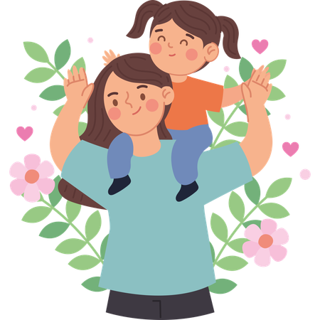 Une mère aimante porte sa fille sur ses épaules avec joie  Illustration
