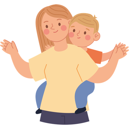 Une mère aimante porte son fils sur son dos avec joie  Illustration