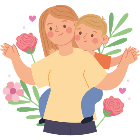 Une mère aimante porte son fils sur son dos avec joie  Illustration