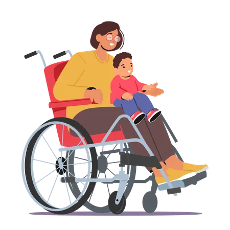 Une mère handicapée résiliente en fauteuil roulant partage des moments de tendresse avec son petit enfant  Illustration