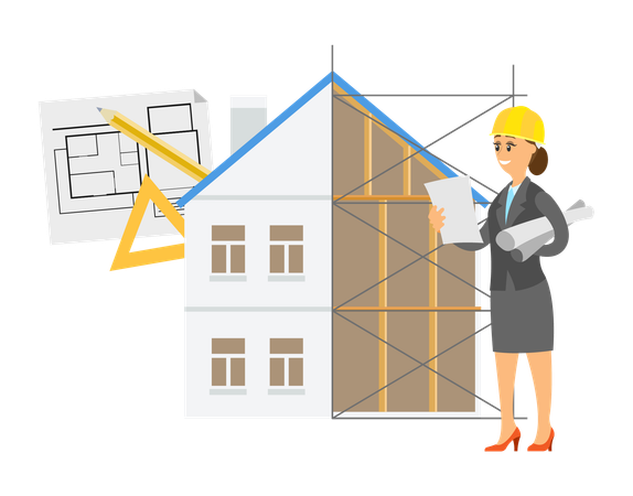 Une ouvrière de la construction fait de la conception de maisons  Illustration