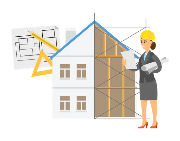 Une ouvrière de la construction fait de la conception de maisons  Illustration