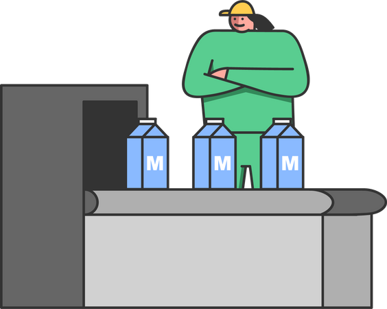 Une ouvrière d'une usine de lait contrôle la qualité de l'emballage de la production sur la bande transporteuse  Illustration