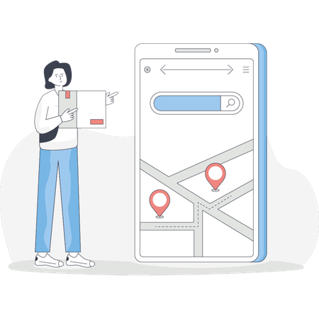 Une personne tient une carte physique dans une main et un smartphone affichant une carte dans l'autre main à la recherche d'un itinéraire  Illustration