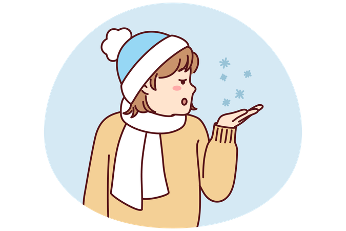Une petite adolescente portant un bonnet et une écharpe d'hiver tend la paume pour ramasser des flocons de neige  Illustration