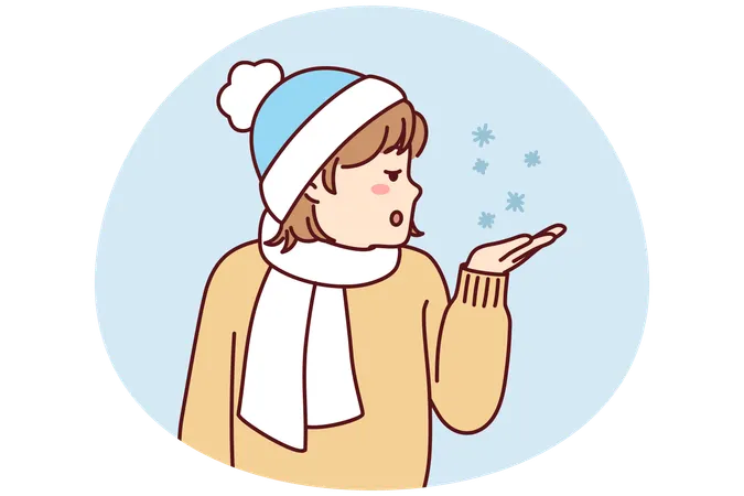 Une petite adolescente portant un bonnet et une écharpe d'hiver tend la paume pour ramasser des flocons de neige  Illustration