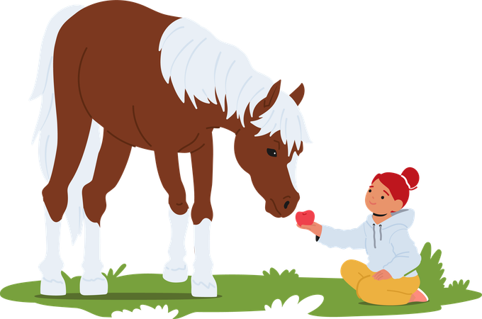 Une petite fille joyeuse tend une pomme à un cheval doux dans un champ d'été ensoleillé  Illustration