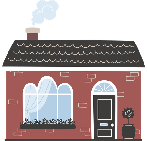 Une petite maison européenne avec une porte noire  Illustration