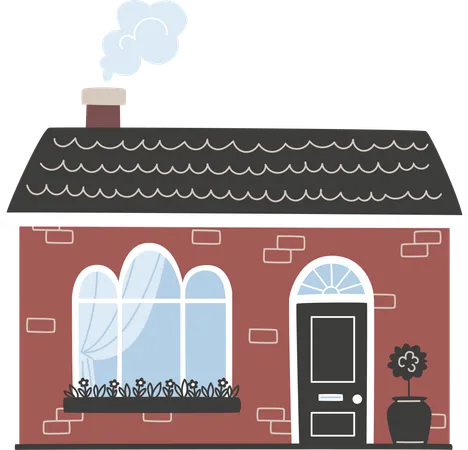 Une petite maison européenne avec une porte noire  Illustration