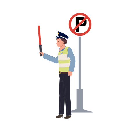 Une police de la circulation avec un bâton lumineux s'approchant du panneau NO PARKING  Illustration
