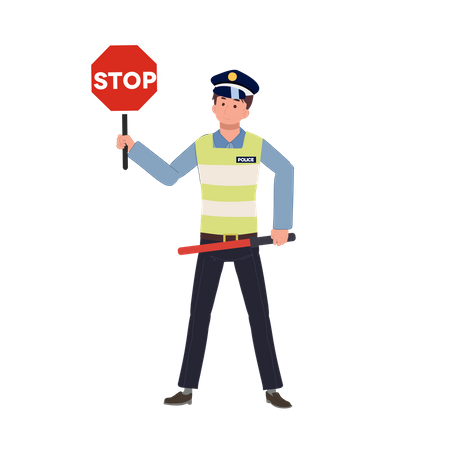 Une police de la circulation tenant un panneau d'arrêt et un bâton de circulation  Illustration
