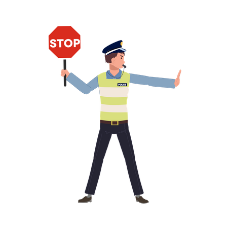 Une police de la circulation tenant un panneau d'arrêt  Illustration