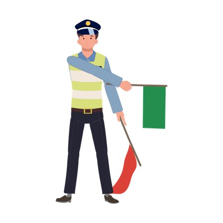 Une police de la circulation retient le drapeau rouge, le vert et donne le signe d'autoriser la marche.  Illustration