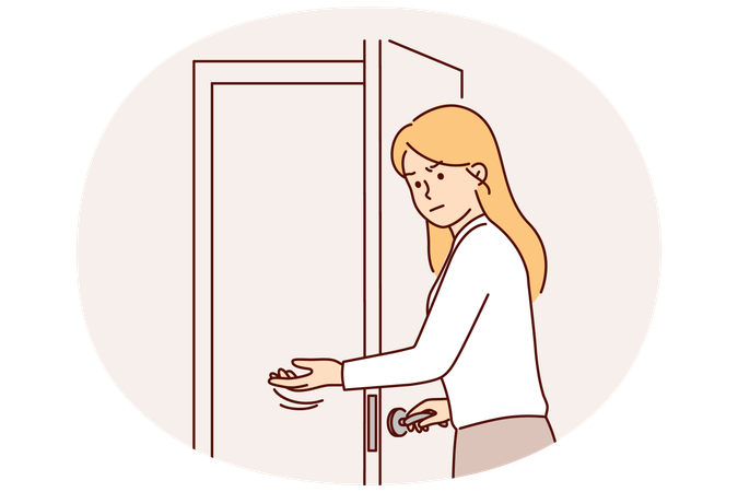 Une secrétaire mécontente invite à entrer dans la pièce en ouvrant la porte à une personne désagréable  Illustration