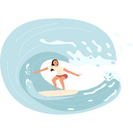 Une Surfeuse Chevauche La Vague Precipitee Barreled Dans Une Mer Illustration