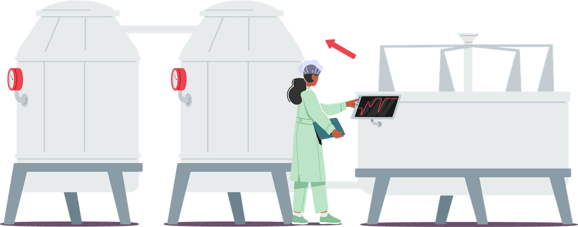 Une technologue allume les réservoirs pour la pasteurisation du lait en usine  Illustration