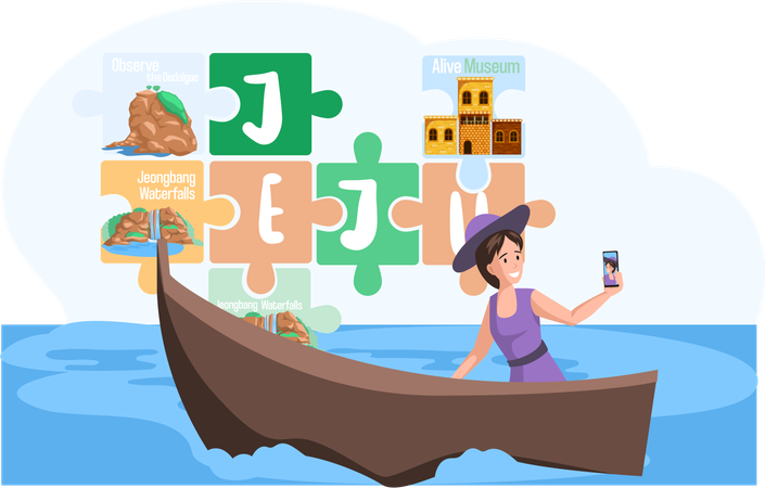 Une touriste prend un selfie sur l'île de Jeju en Corée du Sud, avec en arrière-plan des monuments célèbres  Illustration