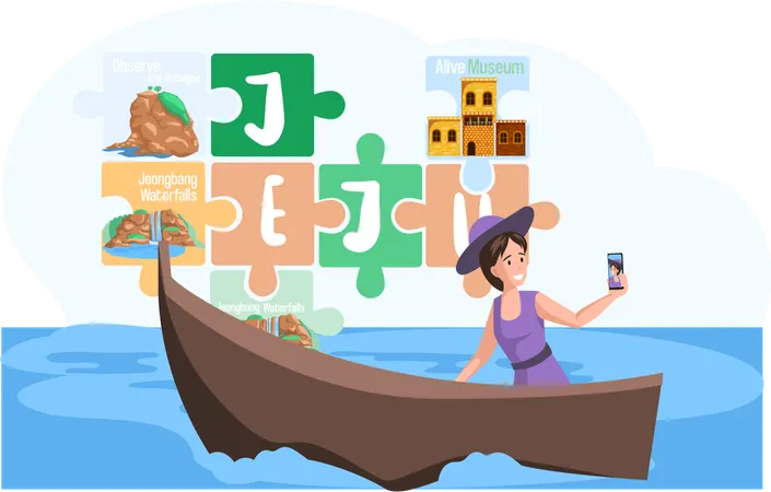 Une touriste prend un selfie sur l'île de Jeju en Corée du Sud, avec en arrière-plan des monuments célèbres  Illustration