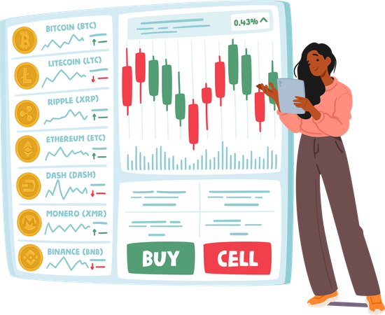 Une commerçante de crypto-monnaie utilise des applications de trading pour gérer les actifs numériques en bourse  Illustration