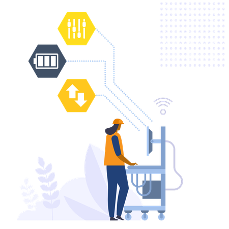 Une travailleuse analyse les données et gère la production dans l'usine  Illustration