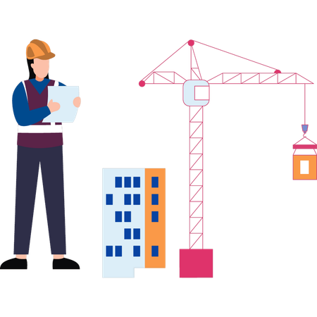 Une ouvrière explique la structure du bâtiment  Illustration