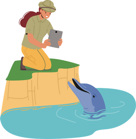Une zoologiste capture une photographie d'un dauphin  Illustration