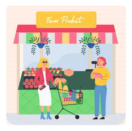 Unemployed girl and successful businesswoman with full food cart  Illustration